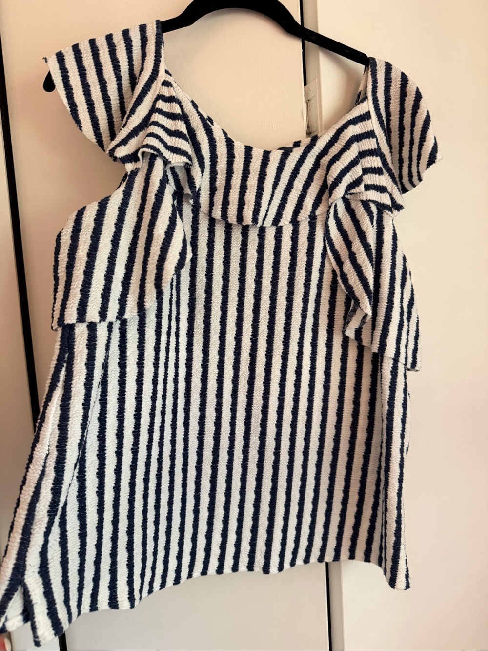 Eva Franco for Anthropologie Navy & White Striped Ruffle-Shoulder tie back top